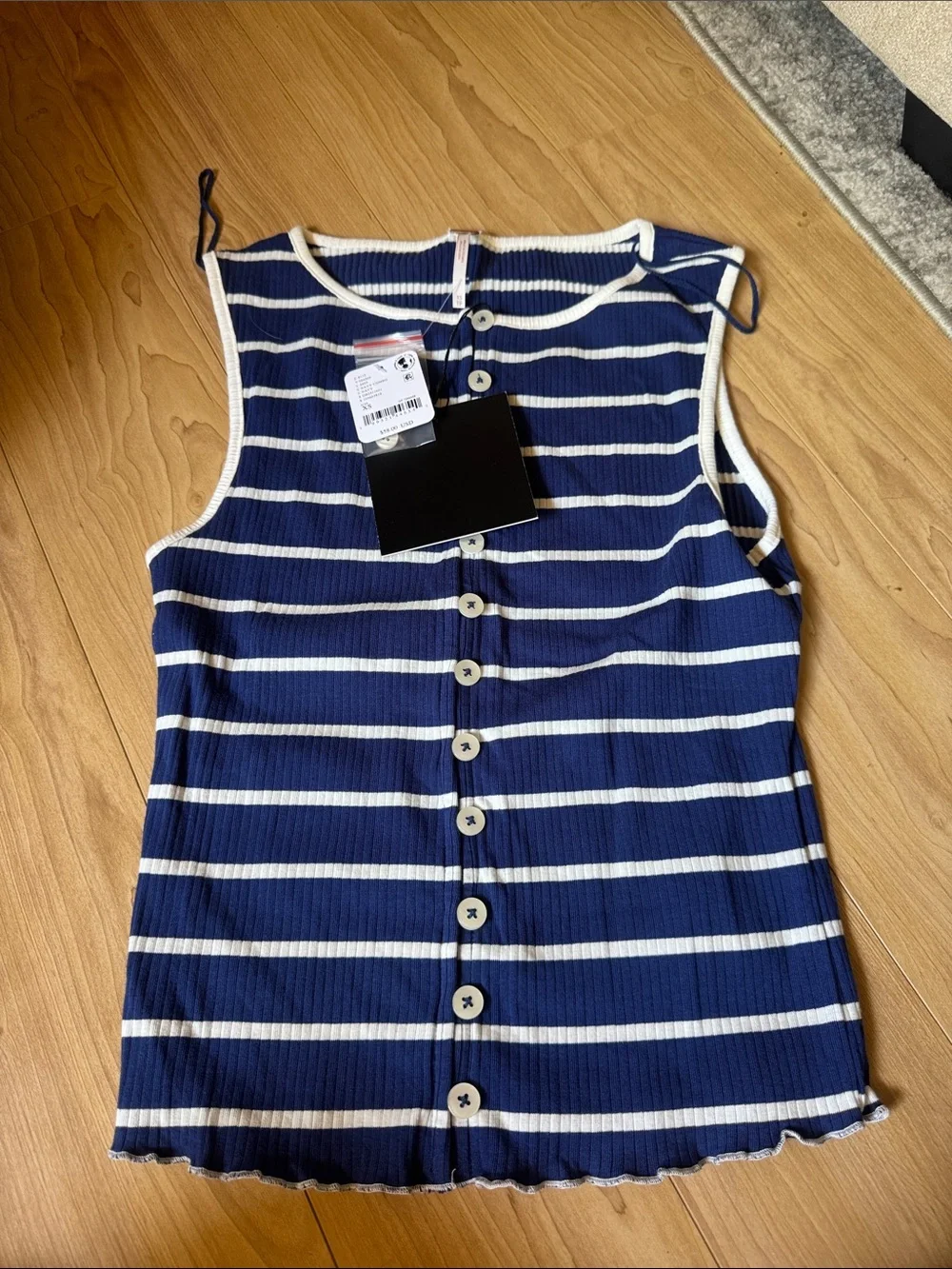 Free People Navy and White Striped Button Ribbed Tank